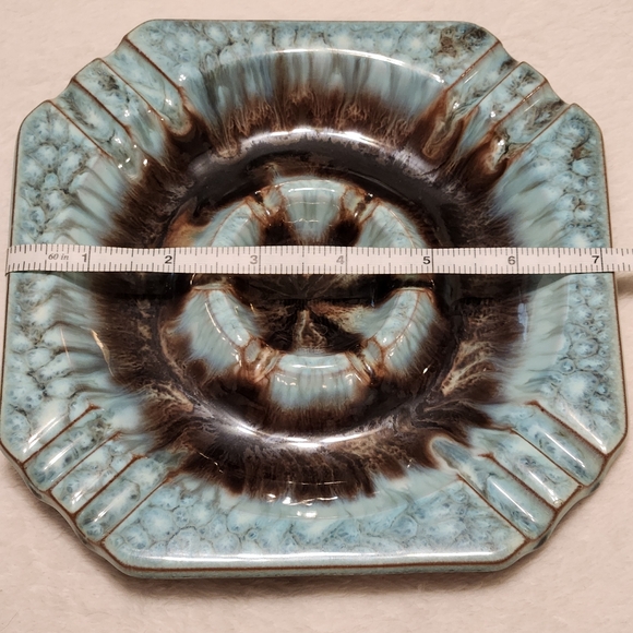 Mid-Century Modern Drip Glaze Ceramic Ashtray Blue and Brown 7 1/8" across - Picture 8 of 15